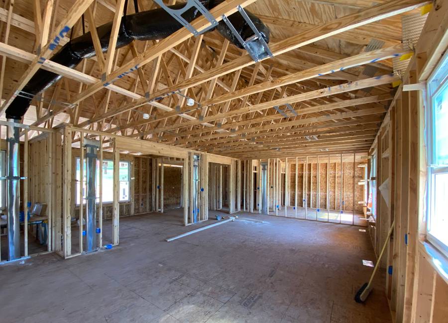 Framed walls and roof trusses of a new home