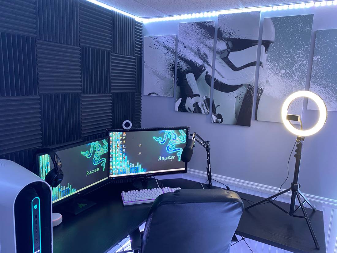 Custom gaming room with wainscoting and acoustic wall tiles